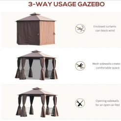 Gazebo Parts Direct 13' X 13' Outdoor Patio Gazebo Canopy Pavilion With Removable Mesh Netting, Curtains, Double Tiered Roof, UV Protection & Large Floor Space Coffee Hexagon
